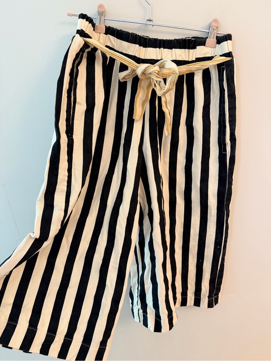 Handmade Pants - Handmade Striped Black and Cream culottes Waist Tie- heavyweight cotton